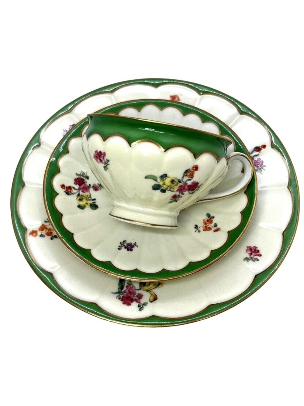 Schumann-Bavaria Teacup Saucer & Salad Plate Trio RARE Green Gold & Floral
